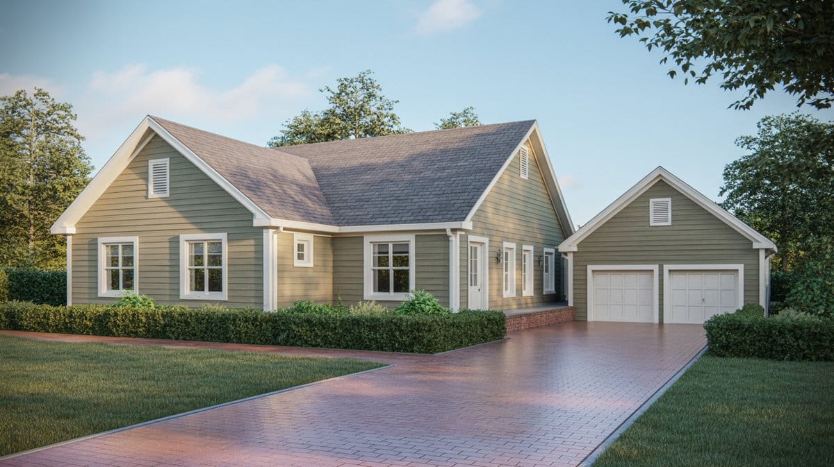 Taupe ranch home with grey shingle roof and red brick paver driveway
