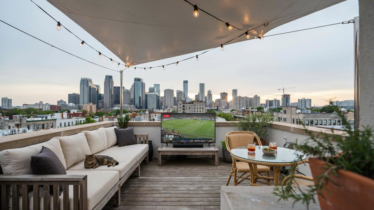 Rooftop patio with a canopy TV and sofas overlooking a city skyline