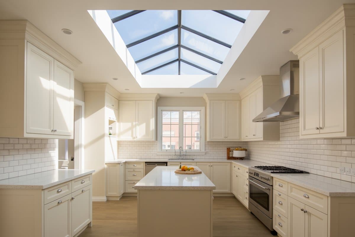 Transitional kitchen with a fixed skylight, white cabinets and subway tile backsplash