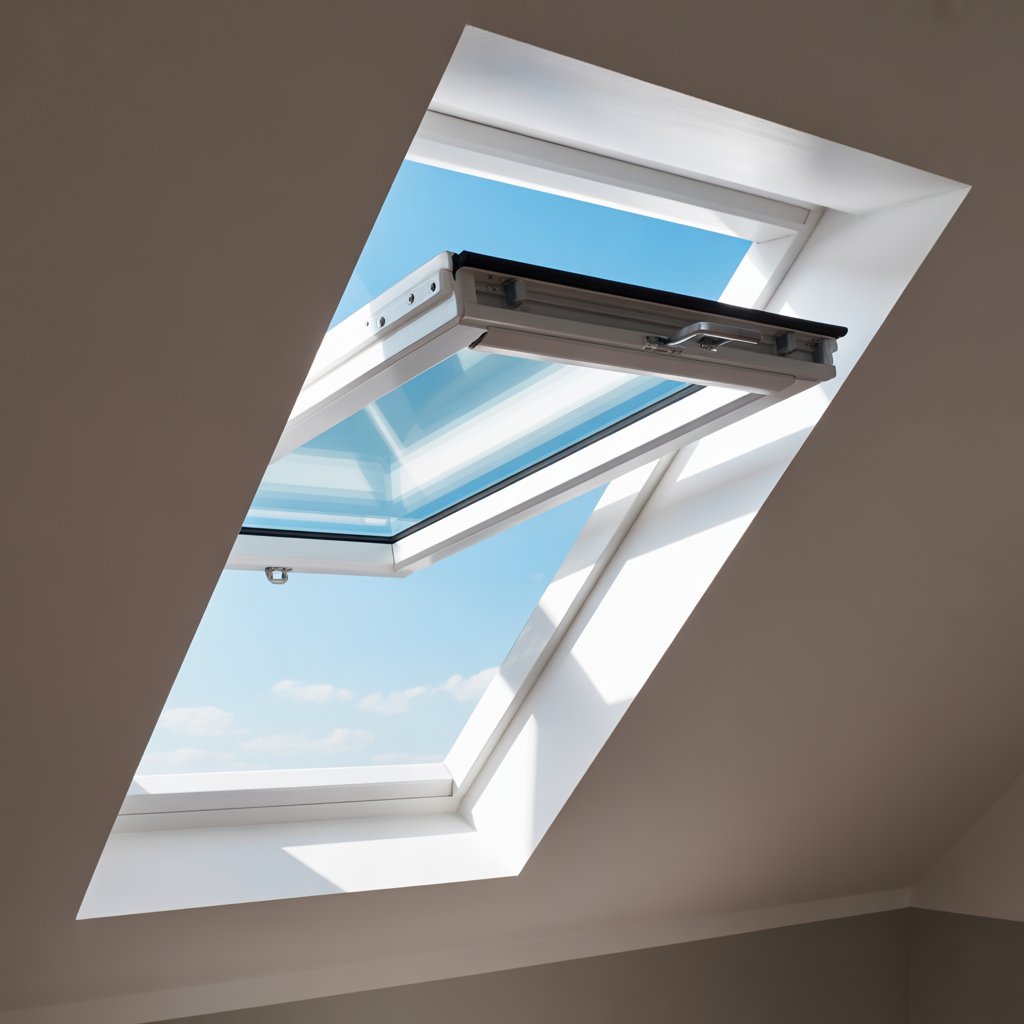 Tilt-opening roof window skylight set in a sloped ceiling