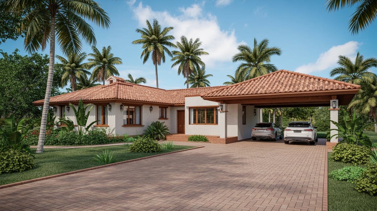 Tropical home with terracotta tile roof, carport, and brick paver driveway among palms