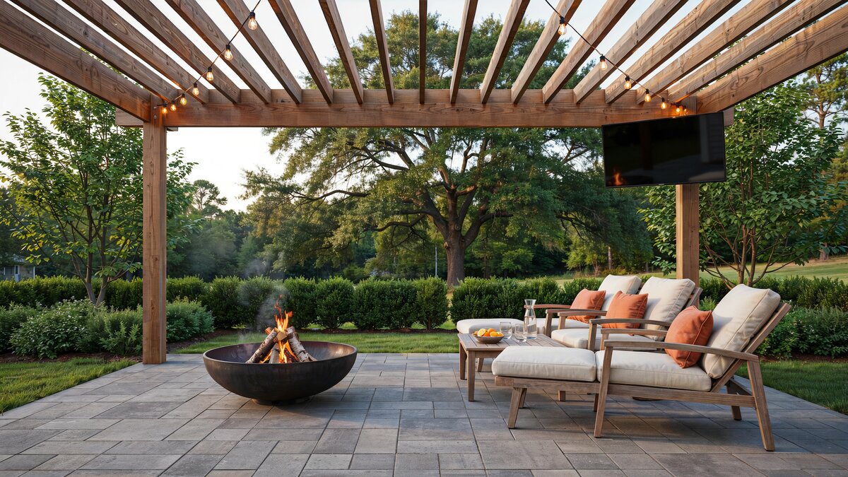 Paver patio fire pit with lounge chairs and a TV under a pergola
