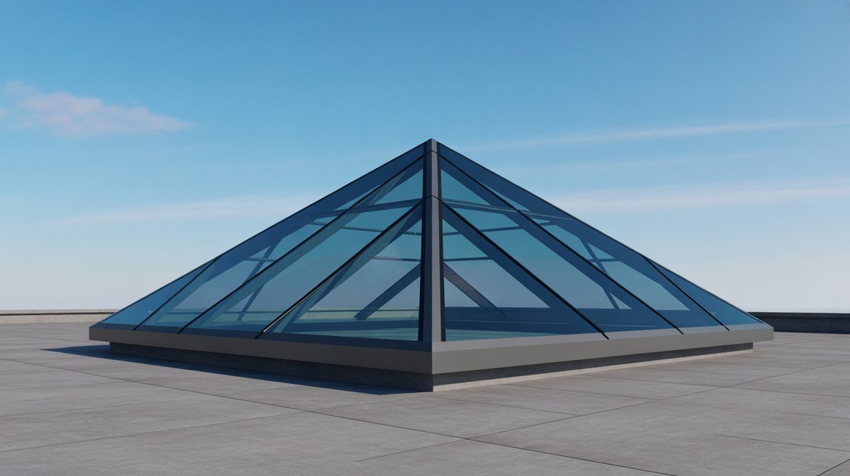 Four-sided glass pyramid skylight mounted on a flat roof
