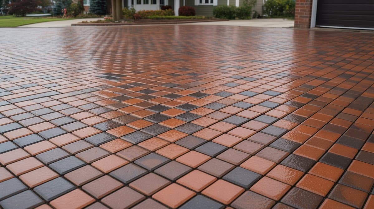 Glossy freshly sealed brick pavers in a checkered pattern with wet look sheen
