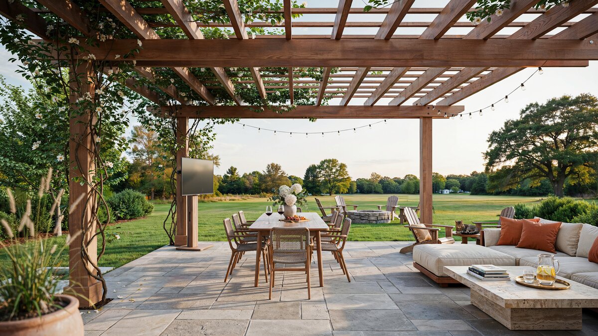 Expansive pergola with a post mounted TV dining table and lounge seating