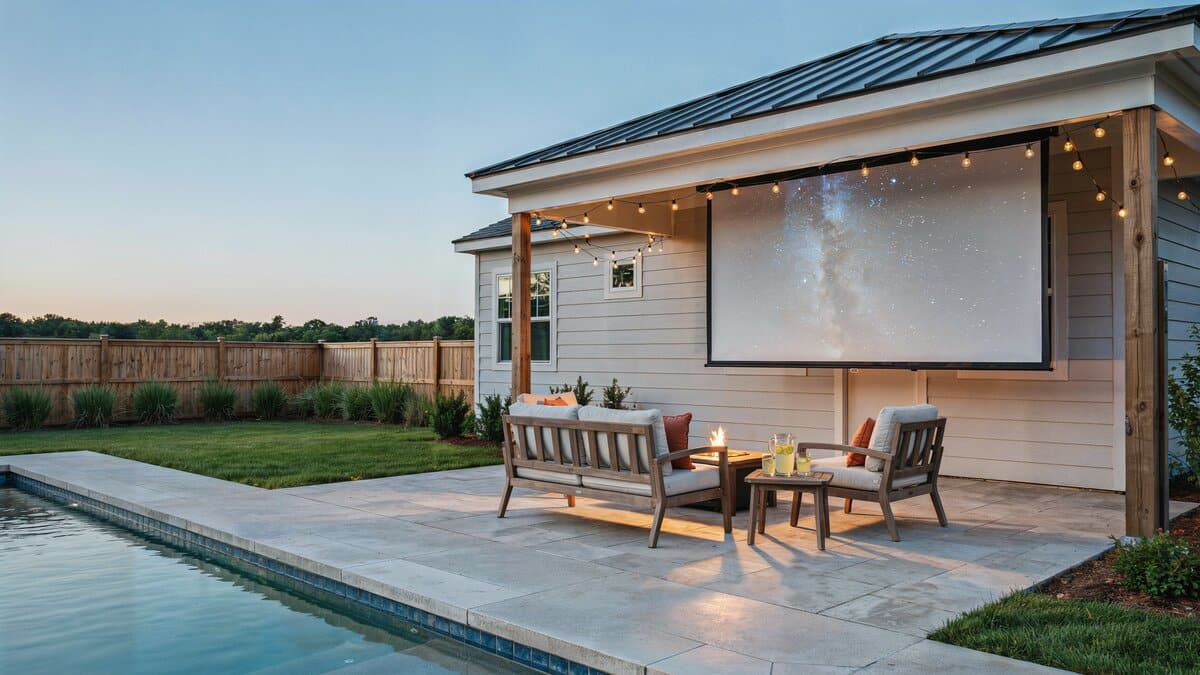 Pool house at dusk with a pull down projector screen and seating