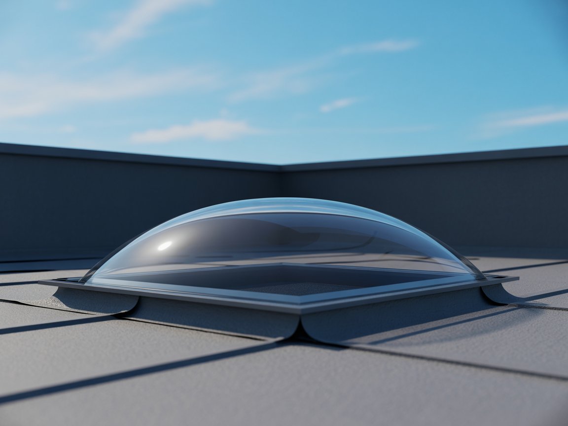 Clear acrylic bubble dome skylight on a flat roof