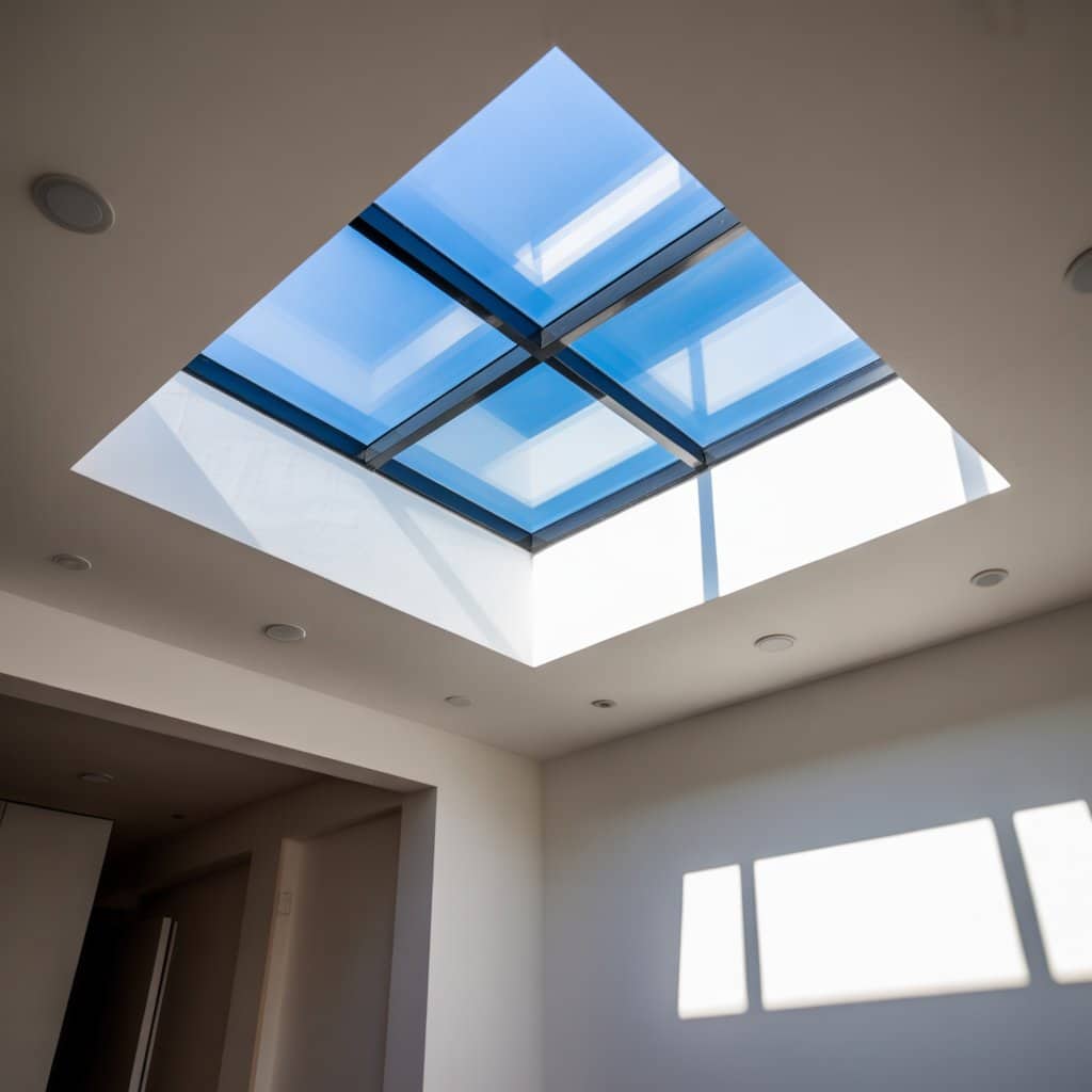 Artificial skylight in a ceiling simulating a bright blue sky