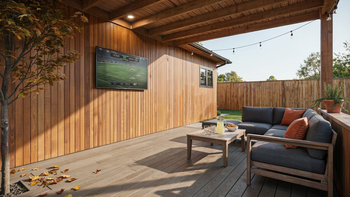Backyard deck with a weatherproof TV mounted on the house wall