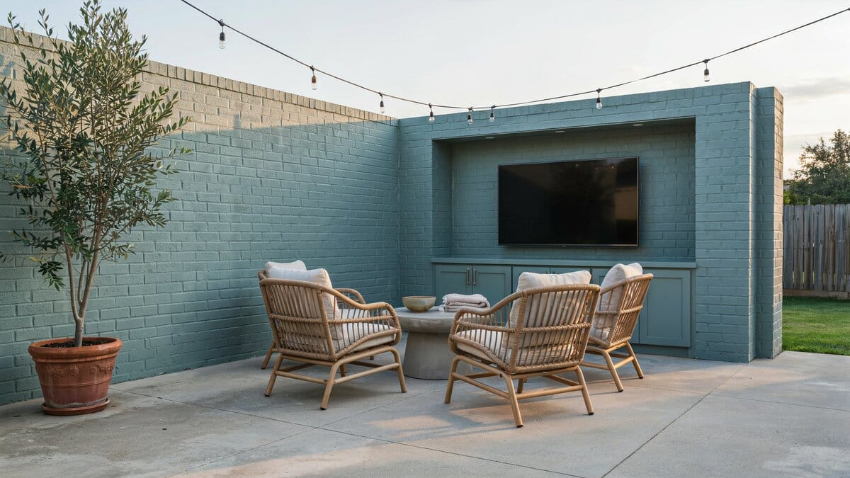 Concrete patio with a sage brick cabinet enclosing an outdoor TV