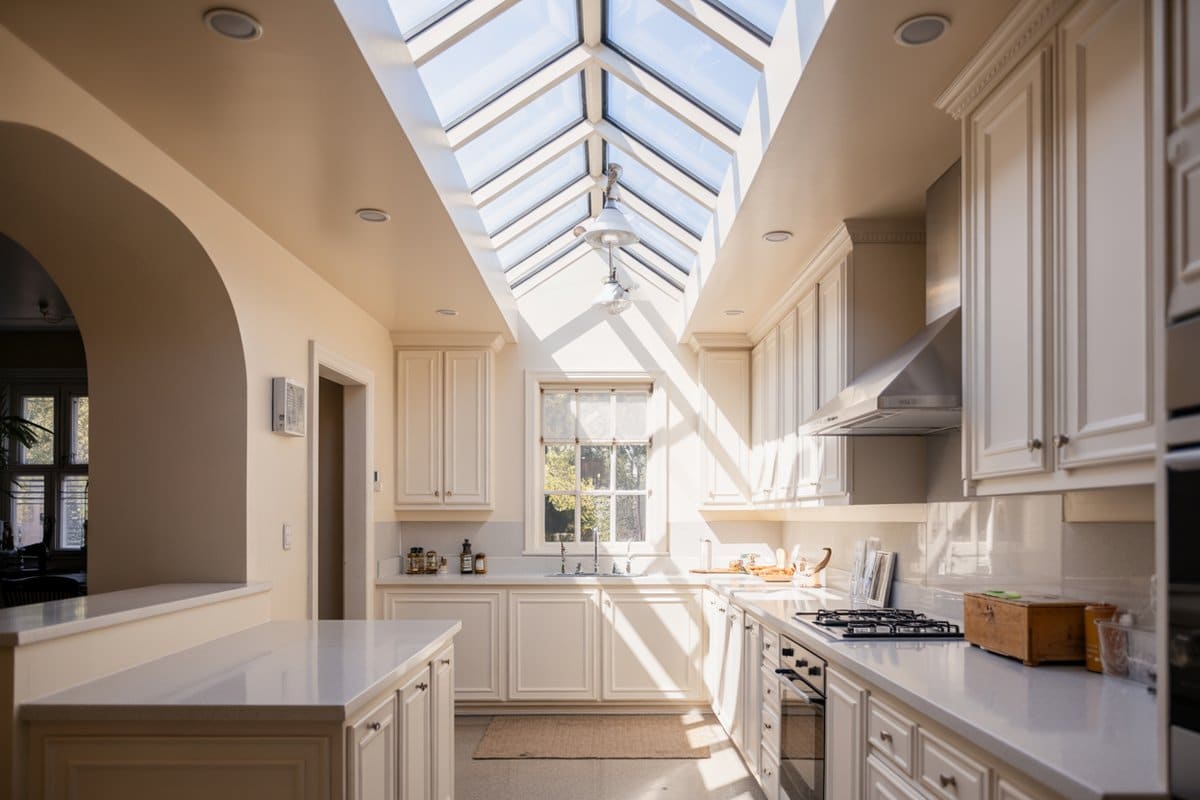 Galley kitchen with white cabinets, window over sink and multiple skylights