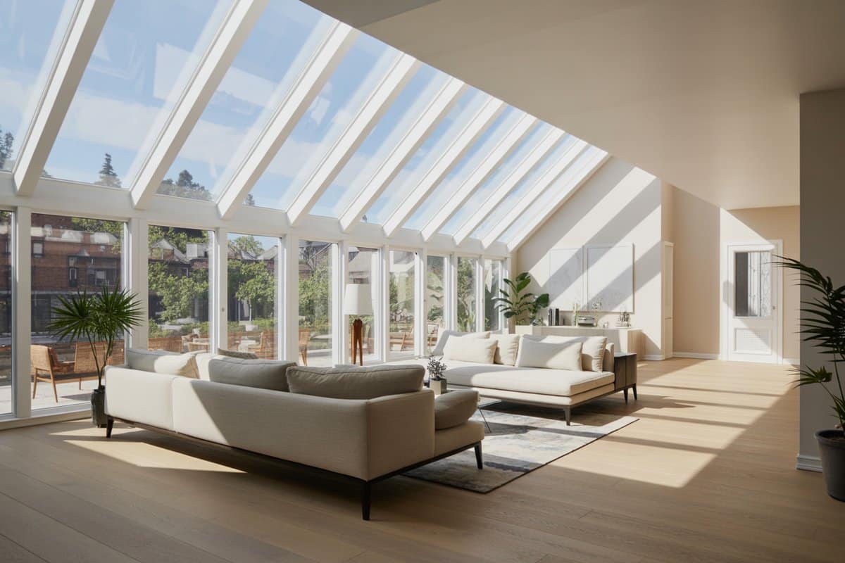 Sloped skylights along a cathedral ceiling in a bright living room