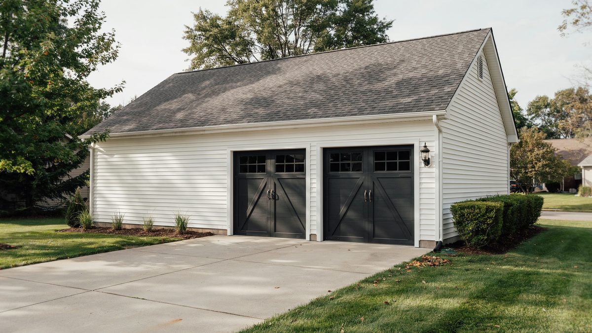 Two black carriage doors on a white sided detached garage with gable roof