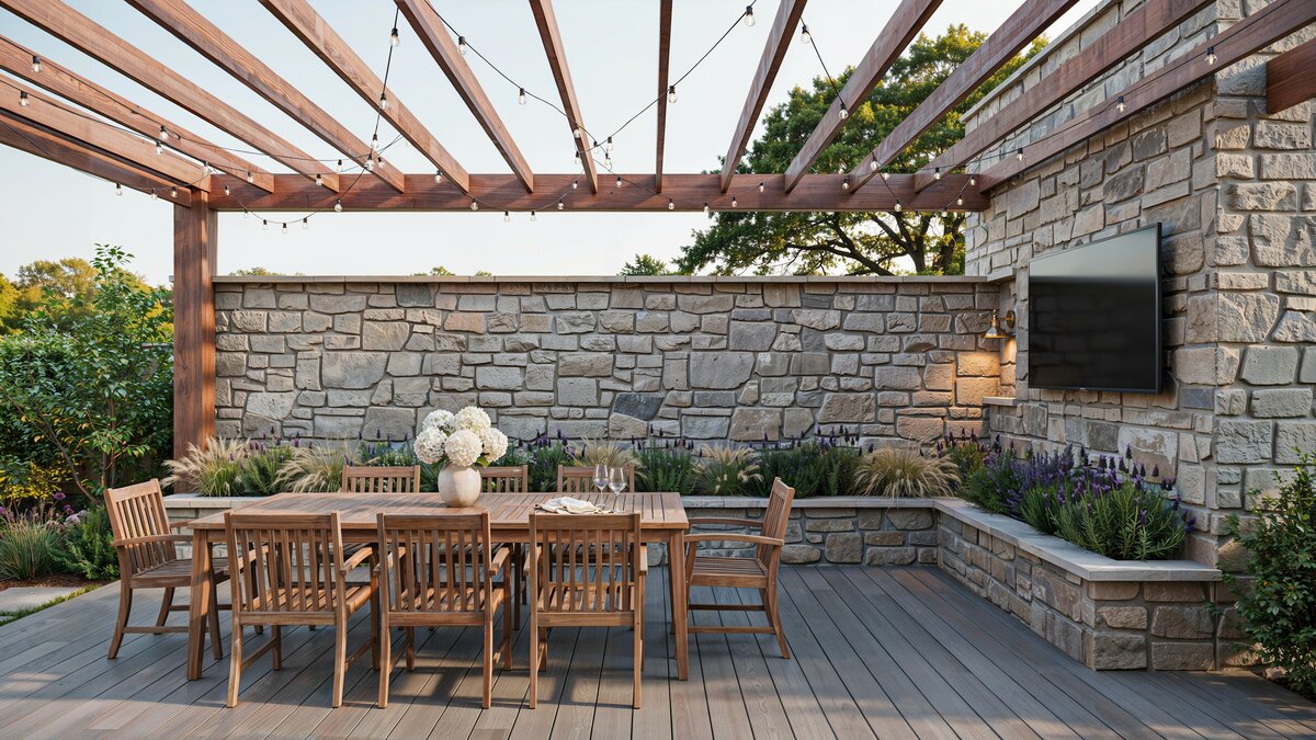 Backyard pergola dining area with a TV set in a stone accent wall