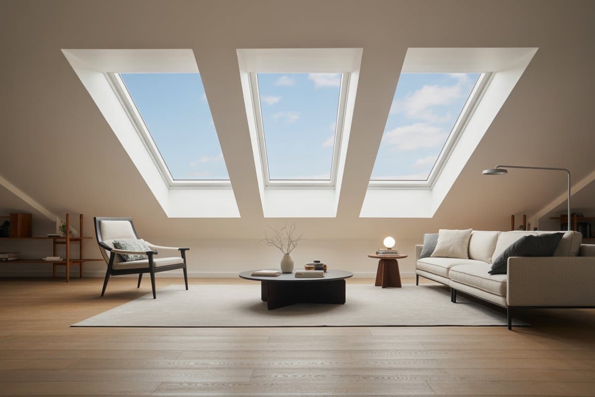 Three side-by-side skylights brightening a modern living room
