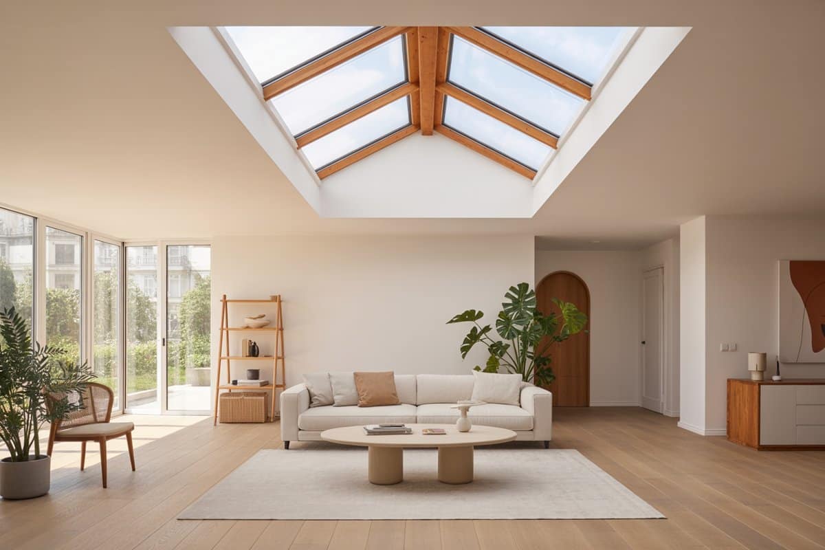 Pair of skylights above a living room with light wood flooring