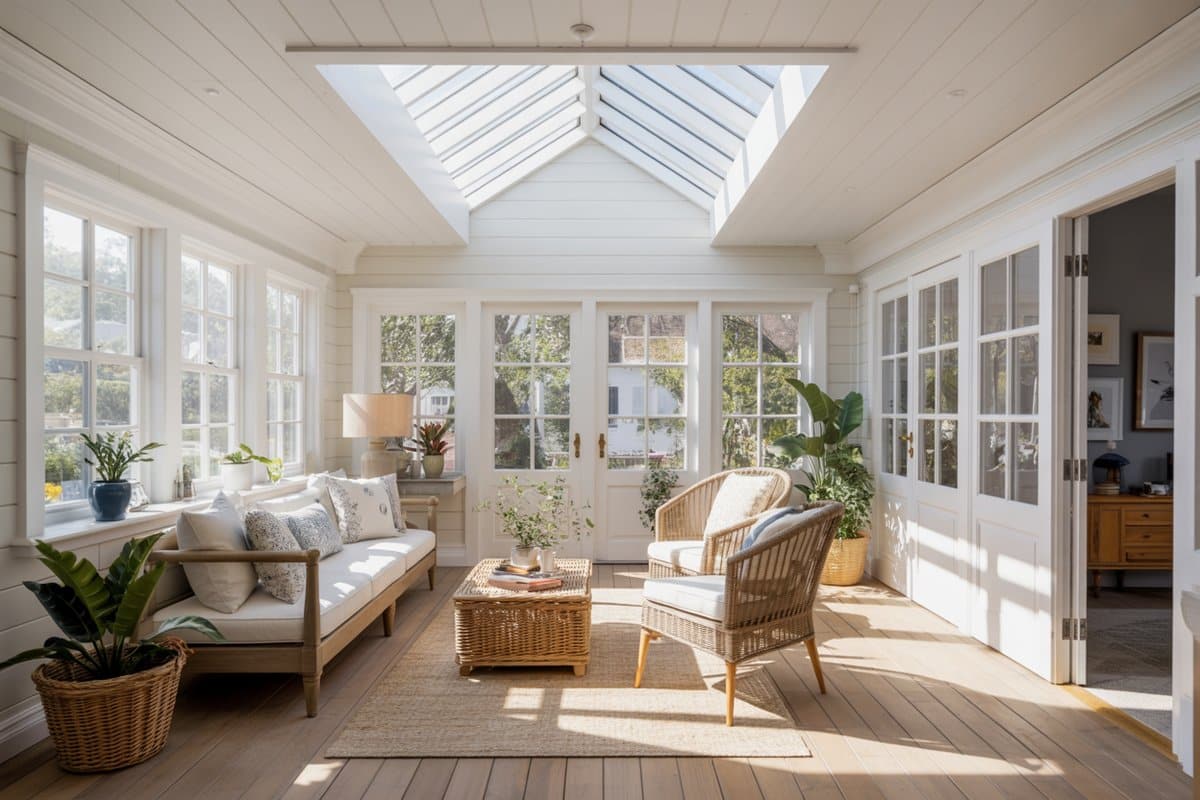 Sunroom with a white shiplap ceiling and an angled skylight