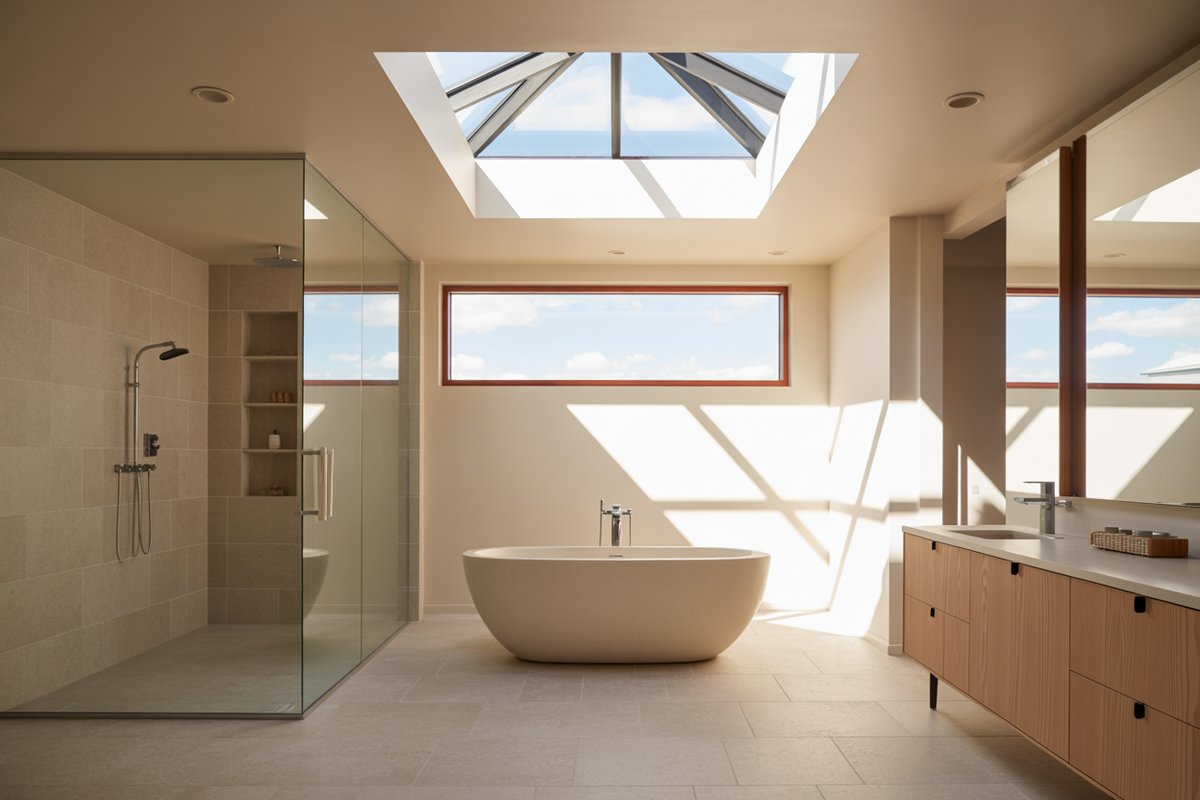 Bathroom with a center skylight, clerestory window, freestanding tub and walk-in shower