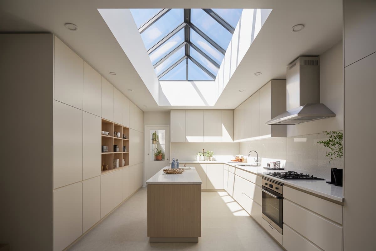 Modern galley kitchen with a deep skylight shaft and wood peninsula