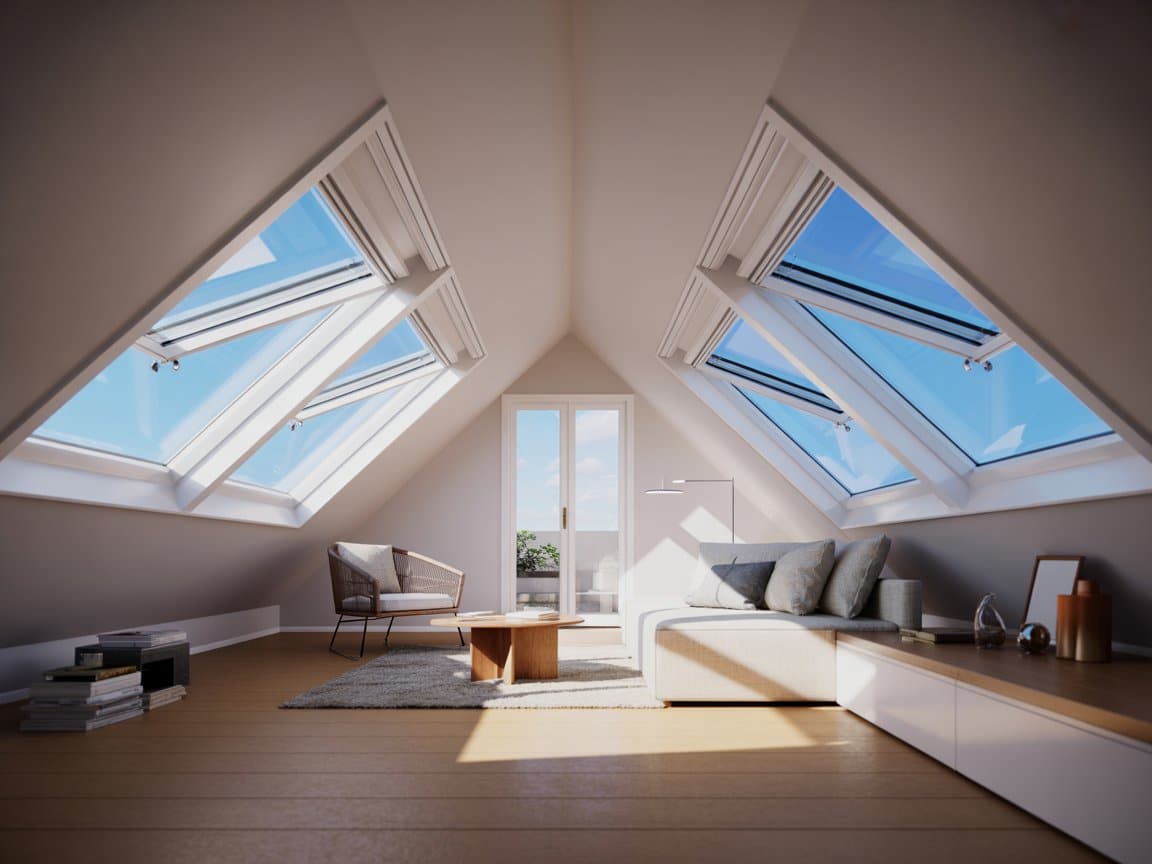 Finished attic with skylights cranked open for fresh ventilation
