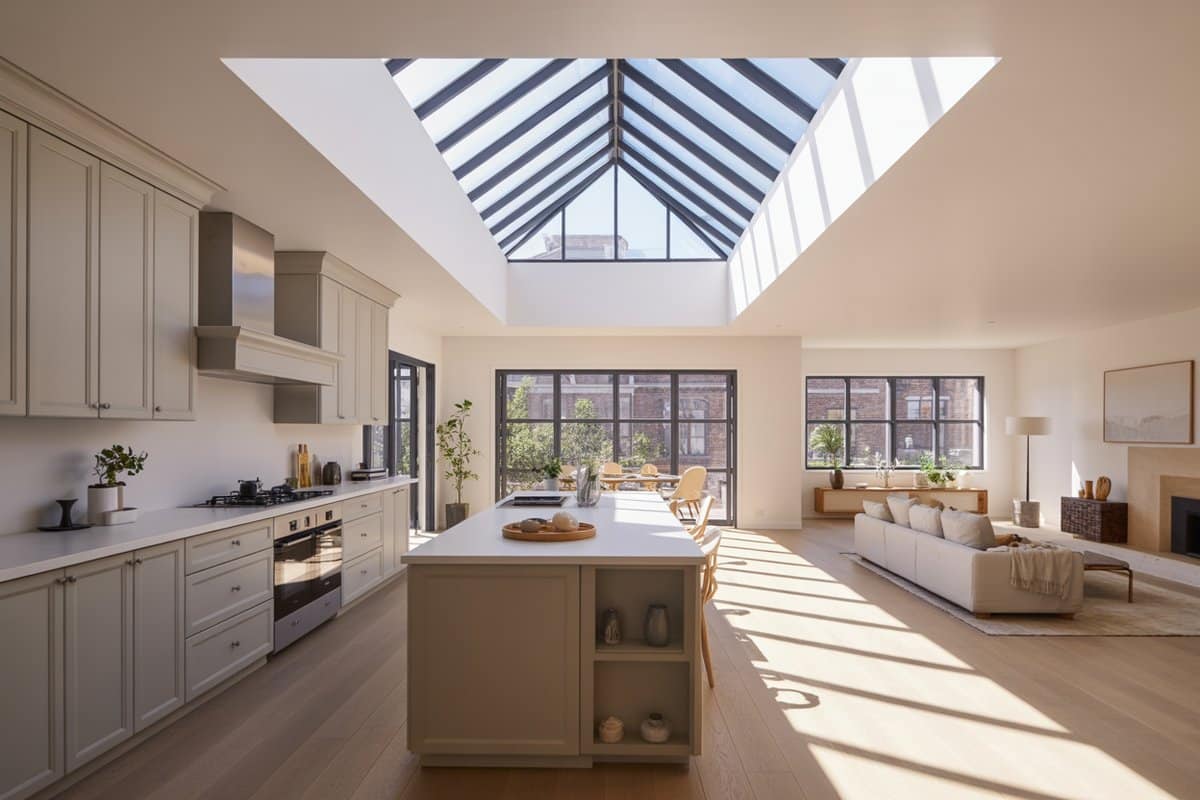 Cathedral ceiling skylight beside a clerestory window in an open kitchen