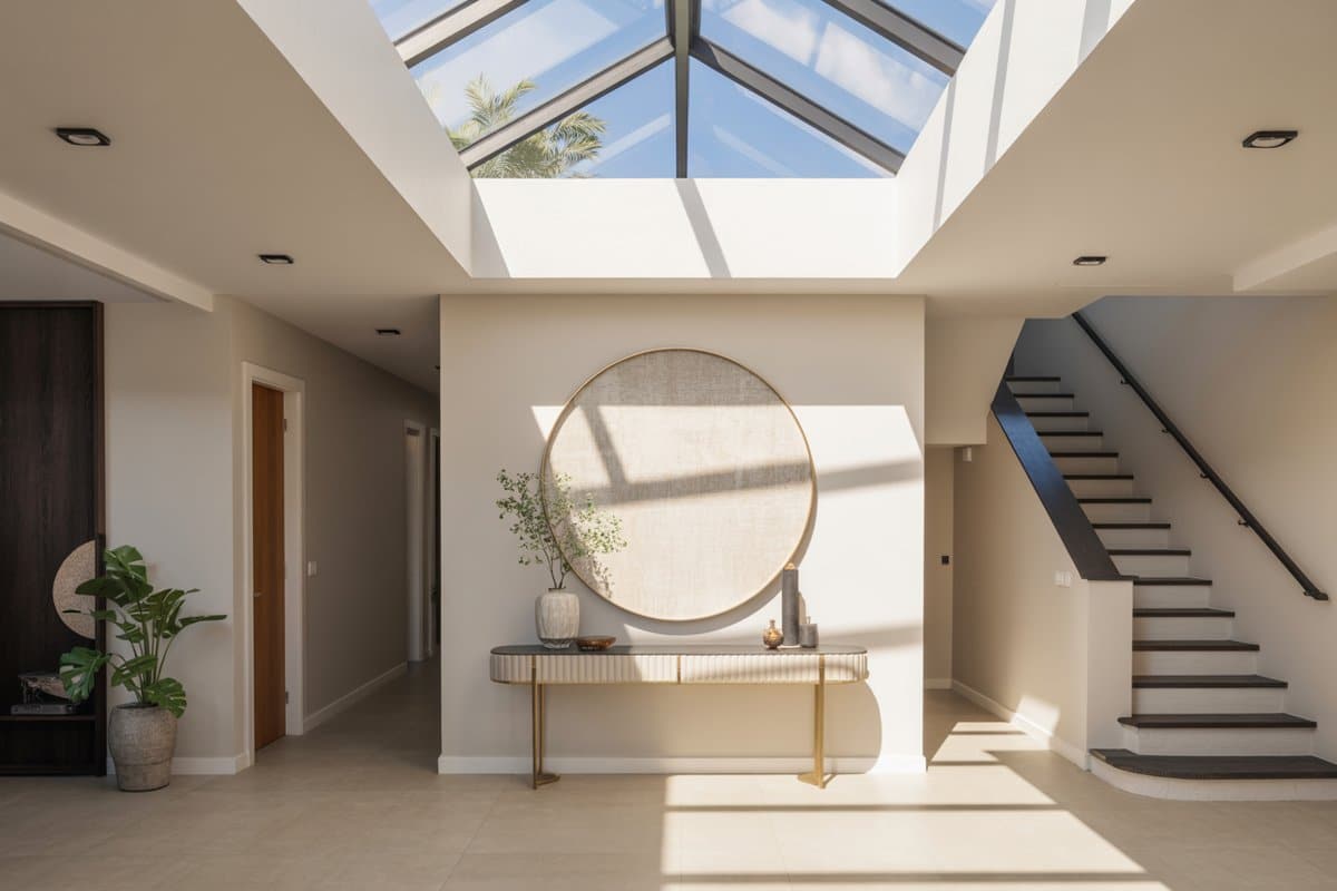 House entryway and foyer lit from above by a skylight