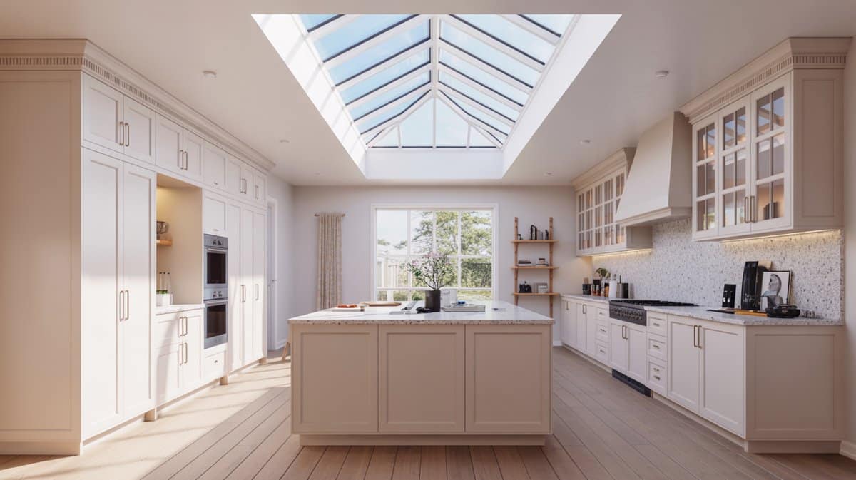 Transitional kitchen with a long skylight, white shaker cabinets and quartz backsplash