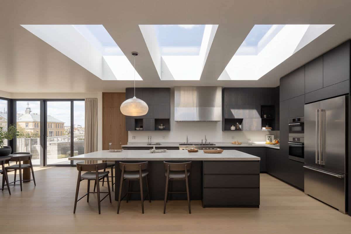 Waterfall quartz island and three skylights in a dark modern kitchen