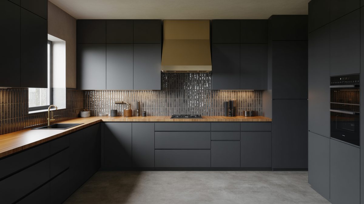 Charcoal kitchen cabinets paired with warm bamboo countertops and a brass hood