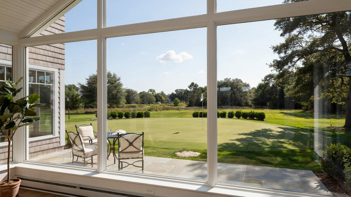 Glass sunroom looking out over a manicured backyard lawn and patio
