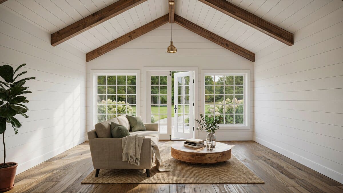 White shiplap sunroom with French doors, cathedral ceiling and a cozy loveseat