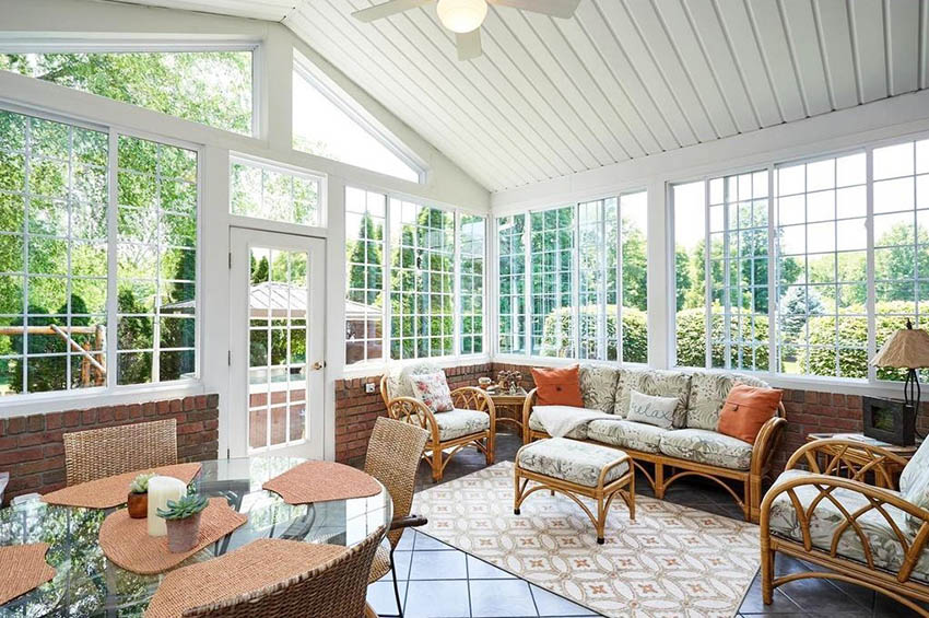 4 season sunroom with french doors shiplap cathedral ceiling