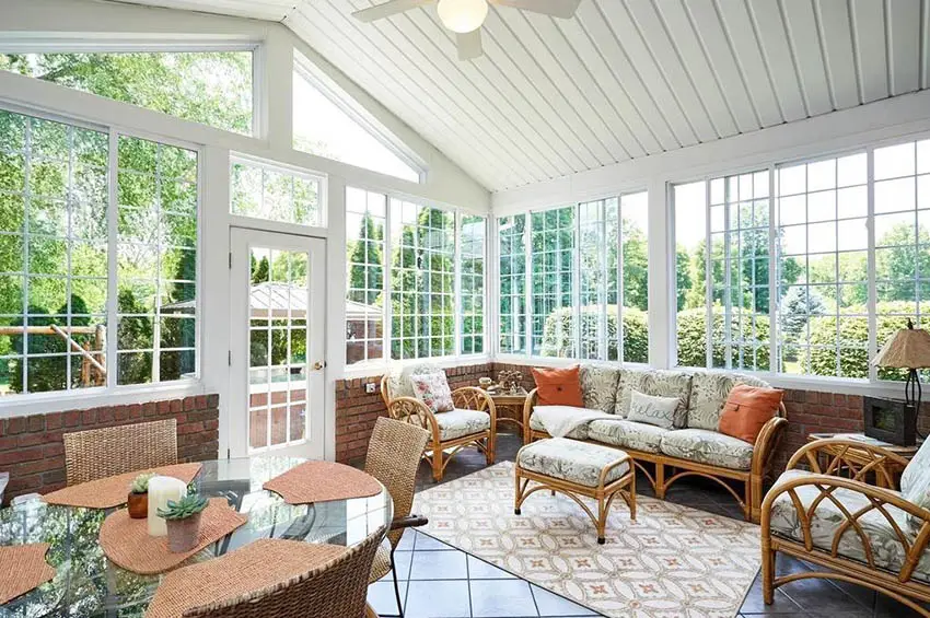 Sunroom with french doors, shiplap and cathedral ceiling