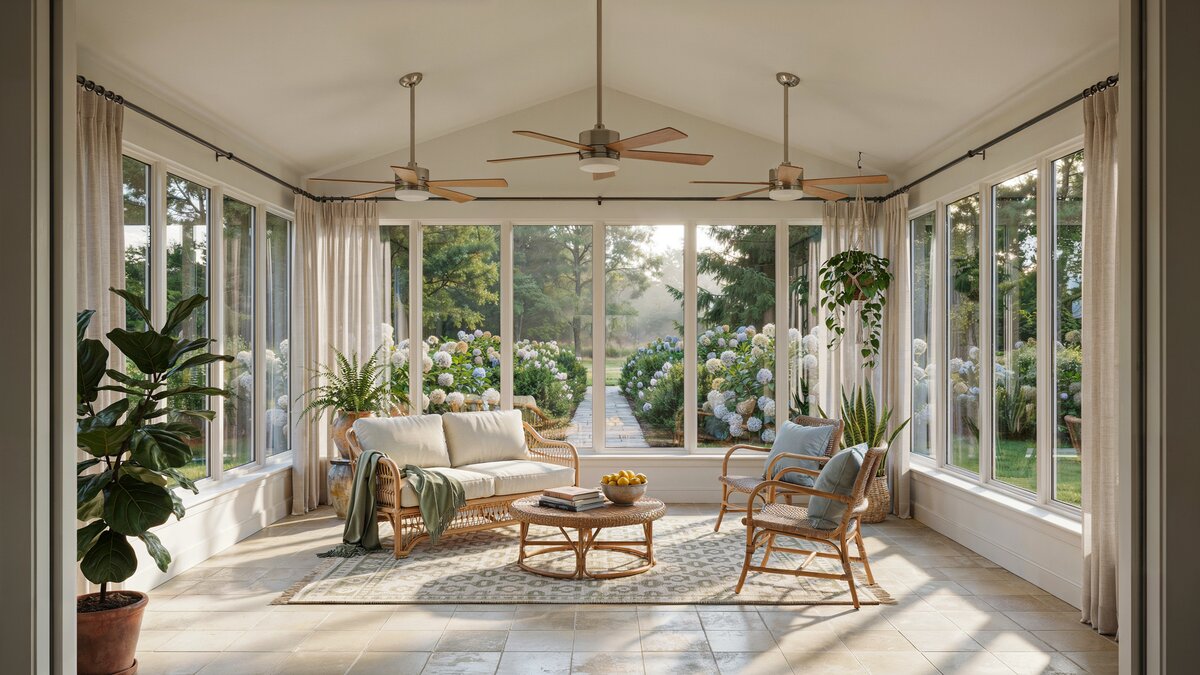 Airy four season room with two wooden ceiling fans and wicker seating