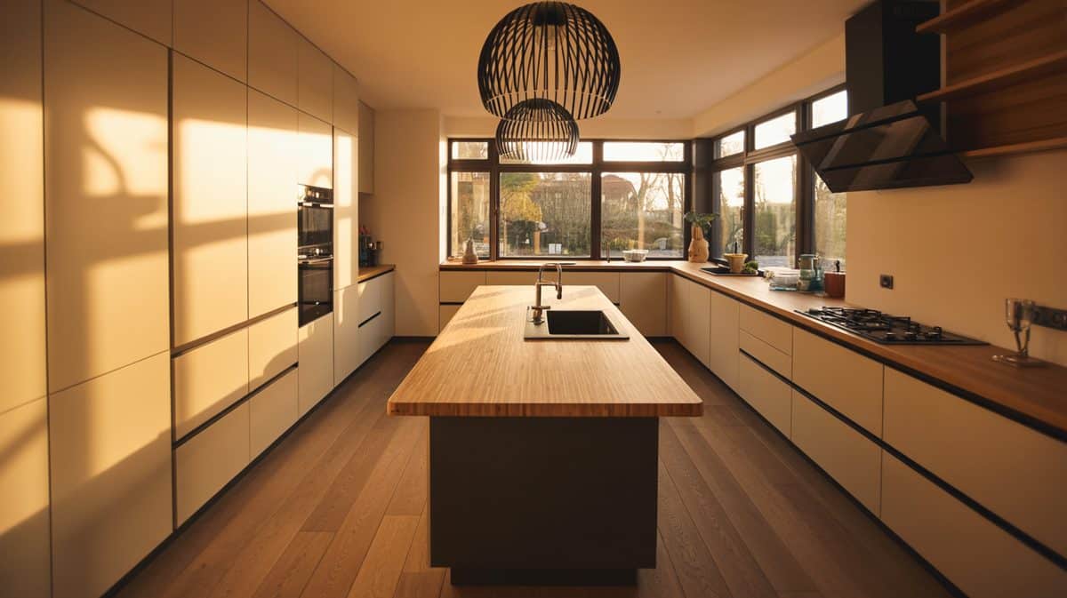 Modern bamboo island with black undermount sink under sculptural pendant lights