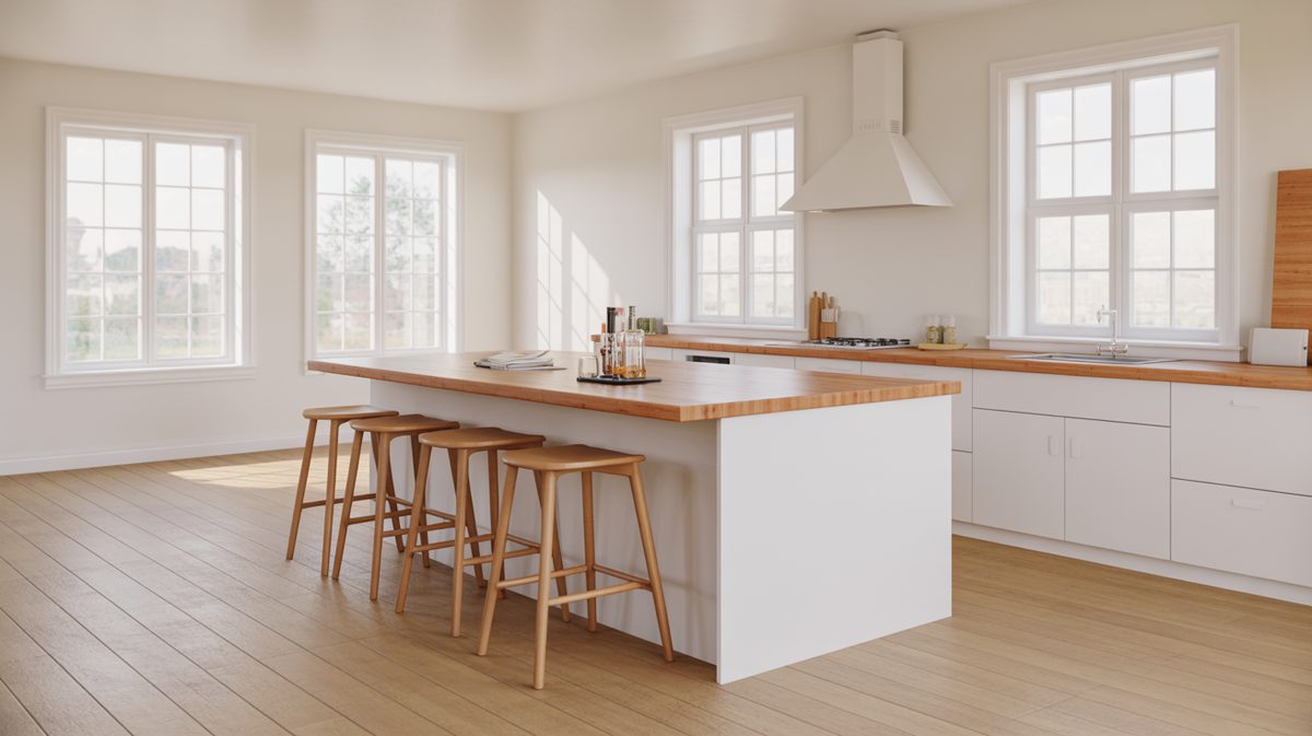 Bamboo topped white island with wooden barstools in a bright airy kitchen