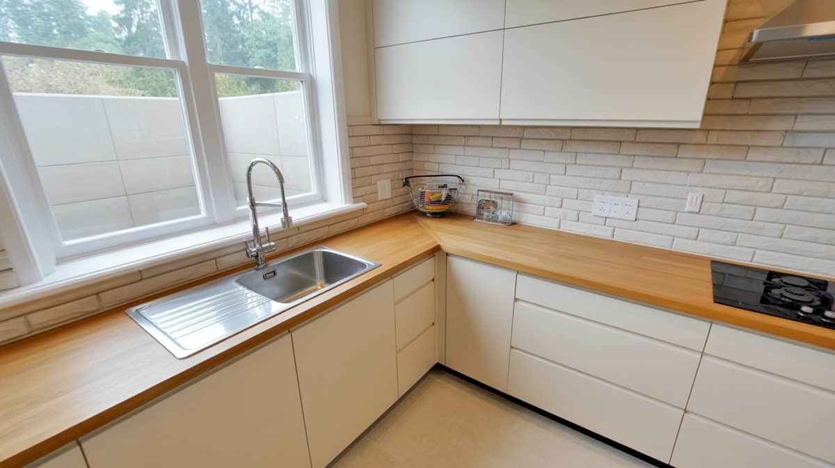 Corner kitchen featuring an L shaped bamboo countertop and white cabinets