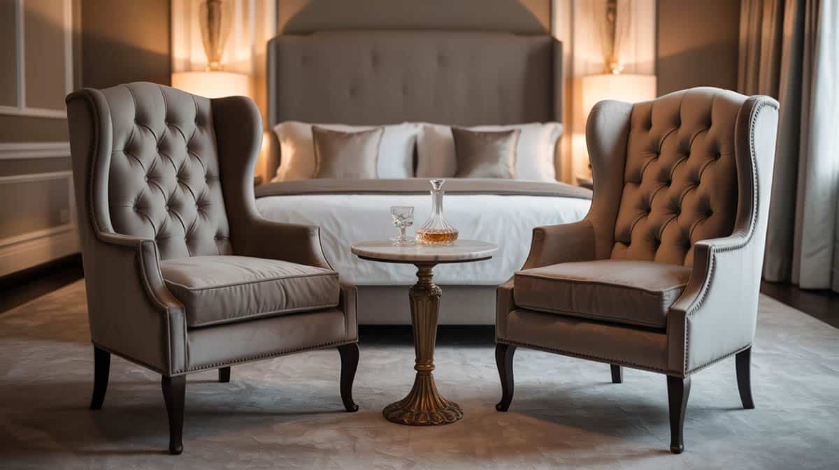 Wingback chairs at the foot of the bed