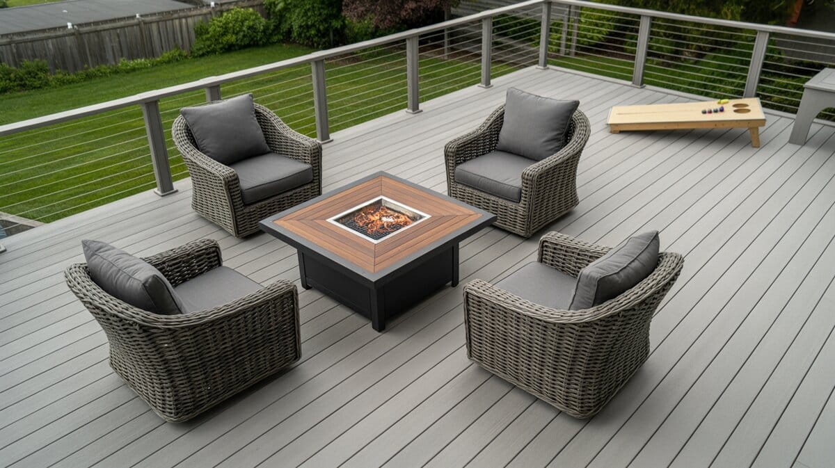 Aerial view of grey composite roof deck with swivel chairs arranged around fire pit table