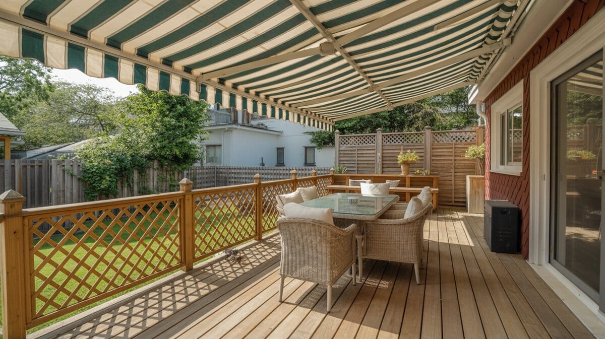 Backyard Deck Lattice Railing Panels Striped Canvas Canopy