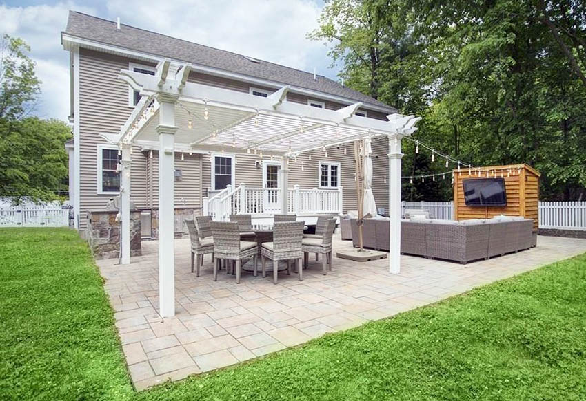 Backyard pergola with outdoor tv and furniture
