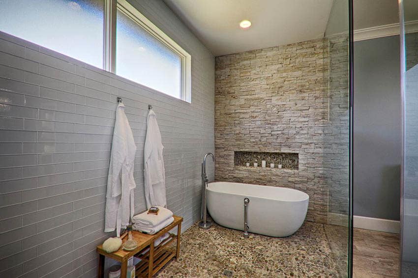 Bathroom walk in shower tub with clerestory windows