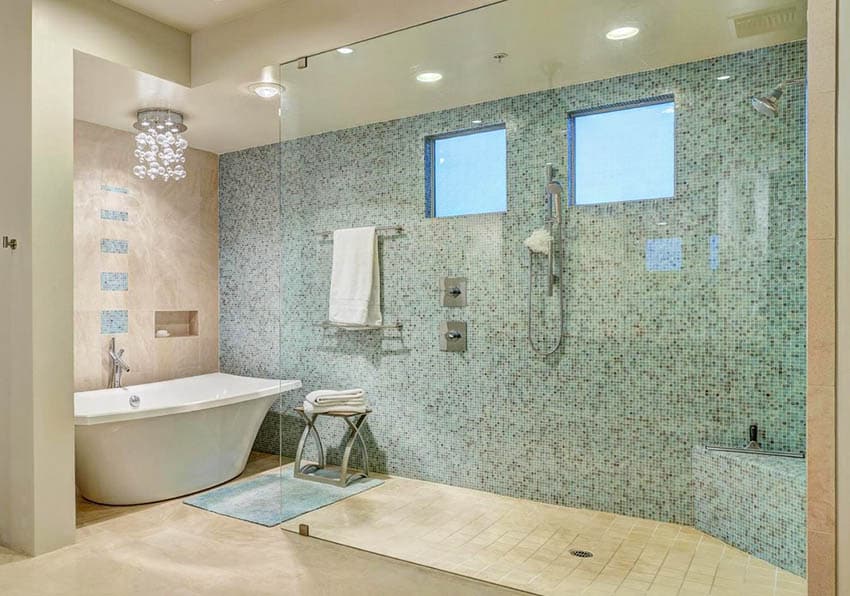 Bathroom with walk in shower tub mosaic tile wall and clerestory windows