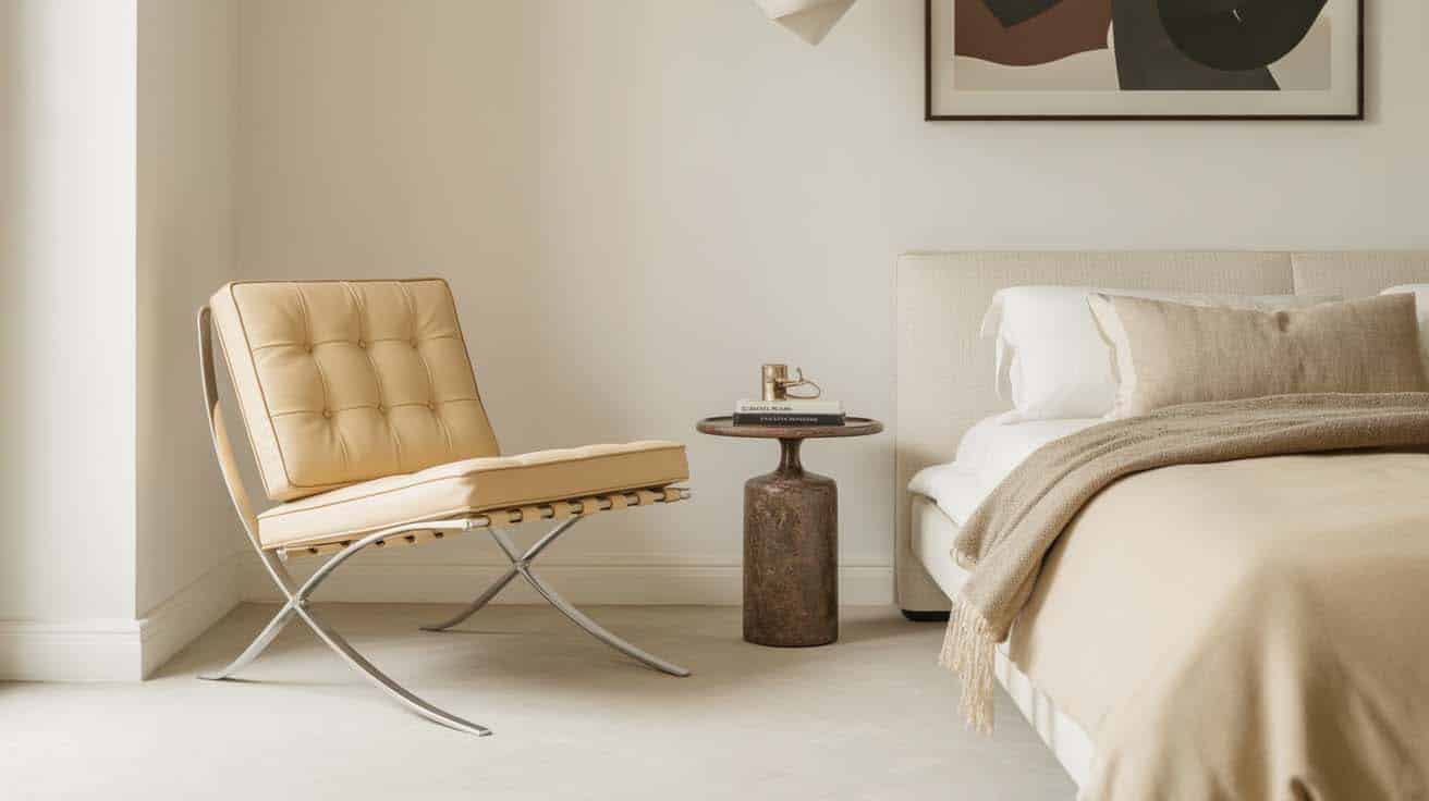 Cream leather Barcelona chair with chrome frame in a minimalist bedroom reading corner