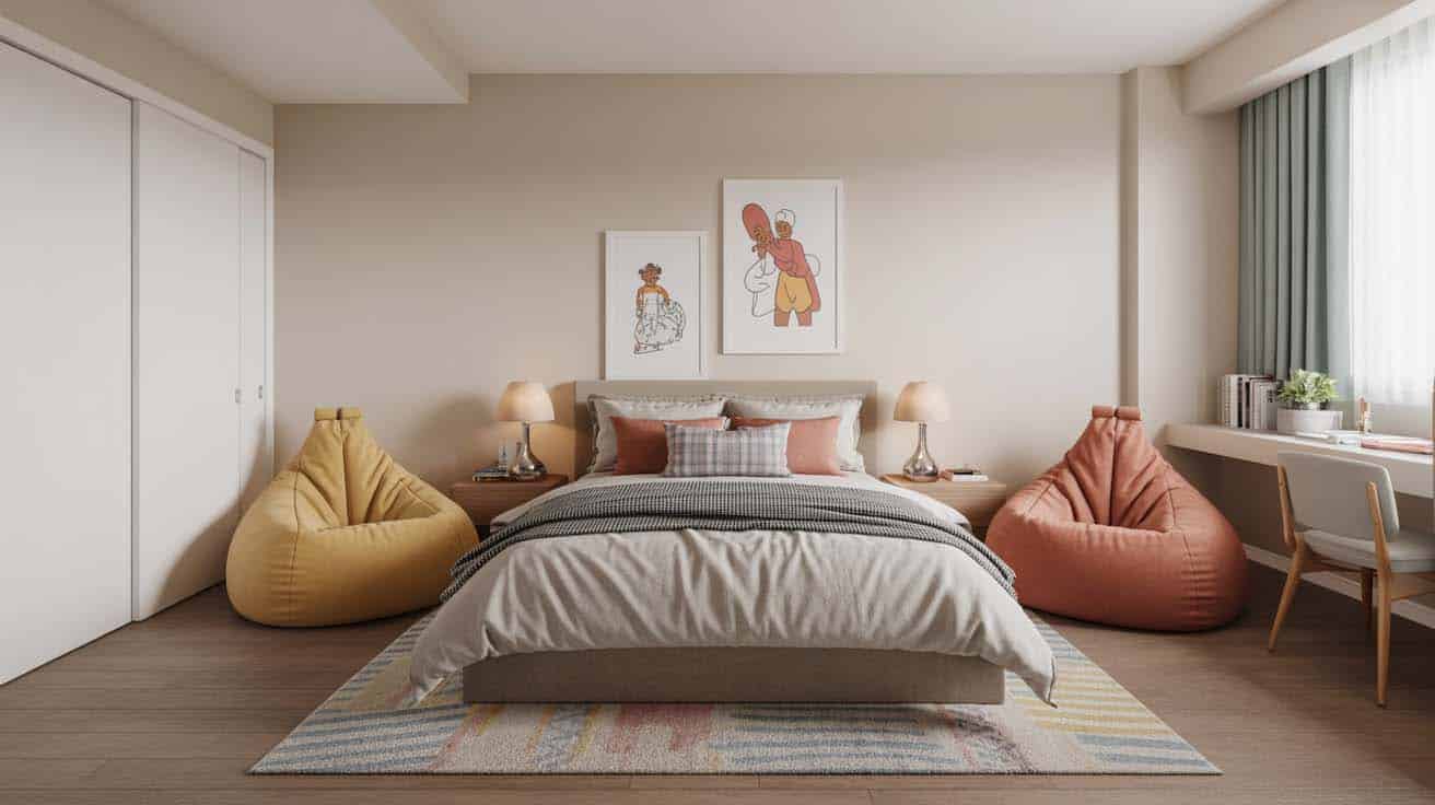 Two colorful bean bags placed bedside in a bright modern teen bedroom
