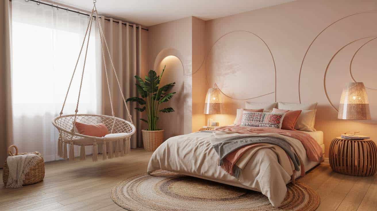 Macrame hanging swing chair in a bohemian teen bedroom with rattan accents