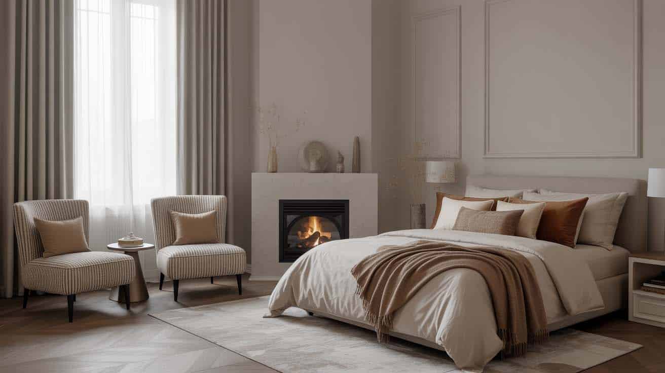 Layered warm-toned accent chairs with textured throws beside a bedroom fireplace