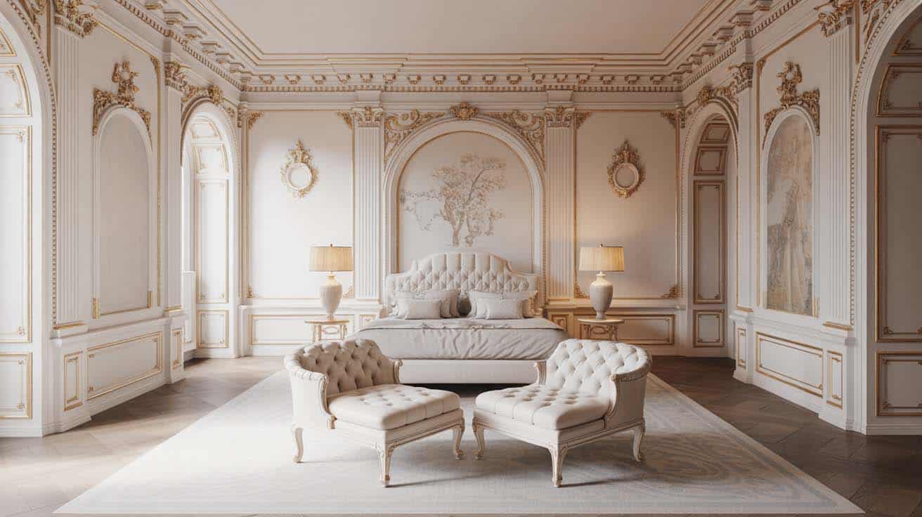 Tufted white chaise lounge chairs with matching footstools in a Palladian-style bedroom