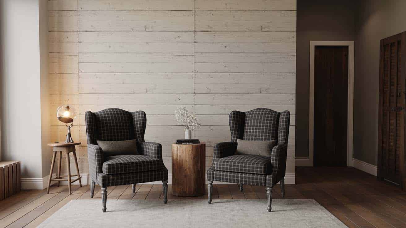 Vintage patterned club chairs beside a whitewashed wood wall in a country-style bedroom