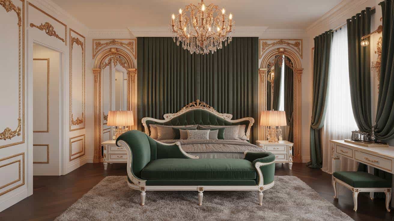 Emerald velvet chaise lounge with ornate gold details under a crystal chandelier